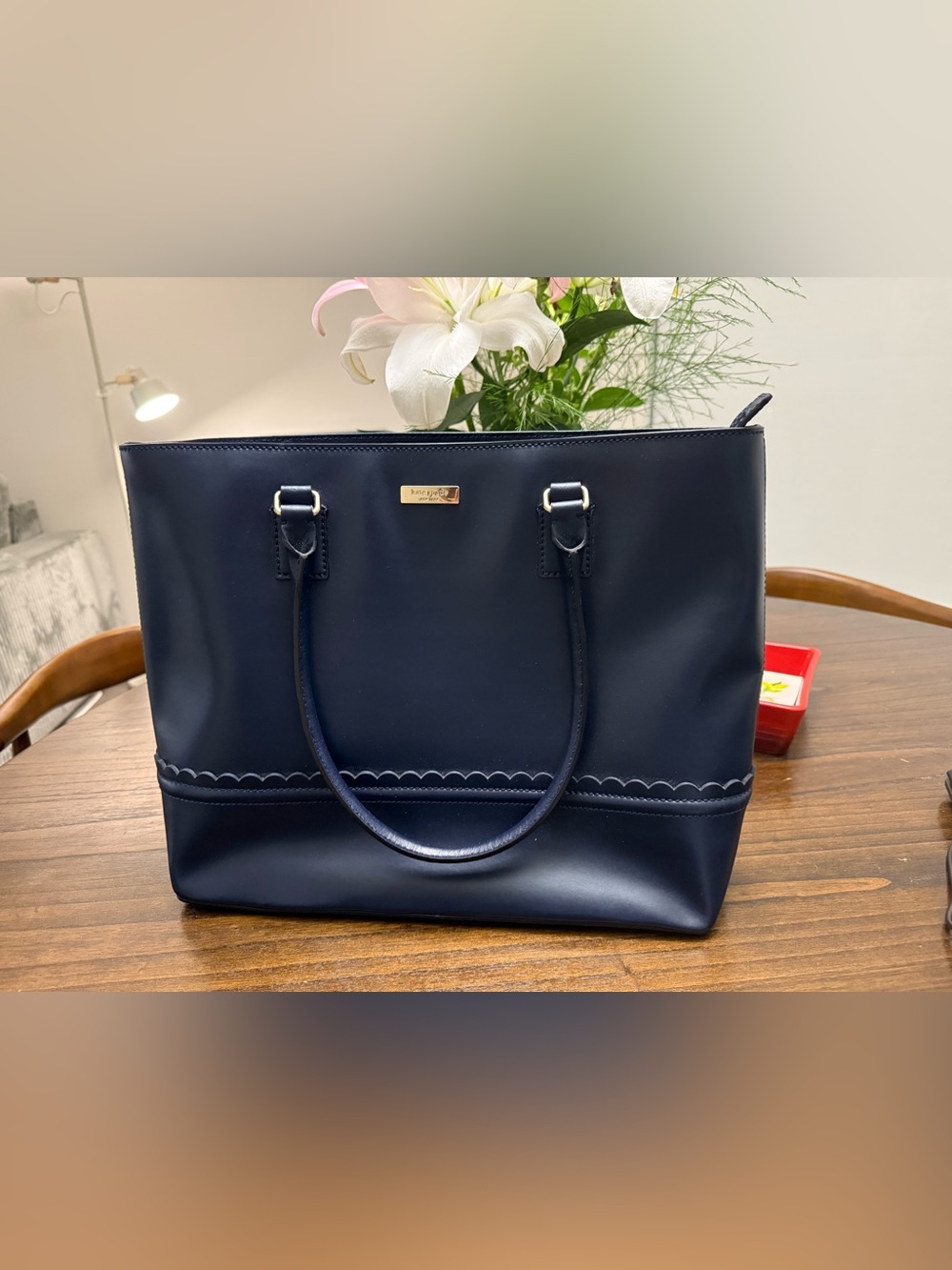 Kate Spade navy scalloped leather tote